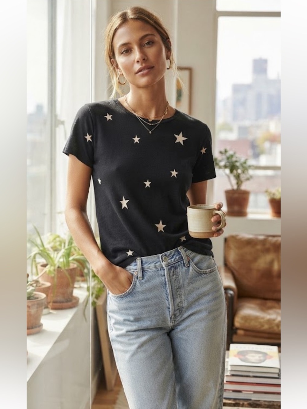 Anthropologie Sundry Sz 3 White Stars On Black Tee Shirt